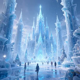 in a magical ethereal ice kingdom city with people walking around, highly detailed, 4k, HDR, award-winning, octane render, trending on artstation, volumetric lighting