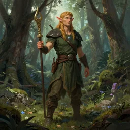 a illustration portrait of an elf druid standing in deep old forest, d & d character portrait, pathfinder, 4 k, art by tim hildebrandt and frank frazetta and gerald brom