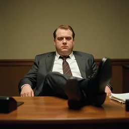 cinematic film still from 1994 film: portly clean-shaven white man wearing suit and necktie at his desk. He has his right leg and foot propped up on his desk. XF IQ4, f/1.4, ISO 200, 1/160s, 8K, RAW, dramatic lighting, symmetrical balance, in-frame