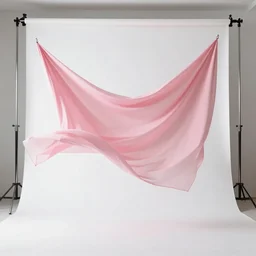 photo of loose flowing pink fabric hung up in a large white photo studio
