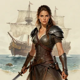 A beautiful woman warrior, faded background of a pirate ship at a deserted island, realism drawing
