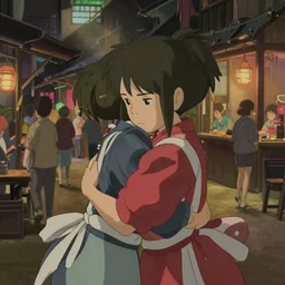 a spirit looking for a hug, screenshot from the film spirited away by studio ghibli, lonely and sad, in a busy marketplace, sad