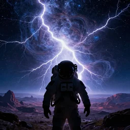 astronaut silhouette in foreground, beautiful alien world, fractal lightning, starfield in background, style of Tyler Edlin, style of Tim White