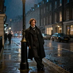matte painting of sherlock holmes by a lamppost in a city in 1 9 th century england at night while it rains, canon eos r 3, f / 1. 4, iso 2 0 0, 1 / 1 6 0 s, 8 k, raw