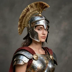 portrait of female roman gladiator with helmet and armor, color photograph by paolo roversi