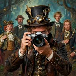 hyper realistic photographer looking through camera towards viewer, magical, steampunk, painted by james gurney, norman rockwell, tom bagshaw, mucha, gaston bussiere, craig mullins, j. c. leyendecker 8 k