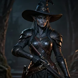 a female drow elf, dark grey skin, serious face, with hand crossbow, wearing a witch hat, hunter, slick leather armor, style by donato giancola, wayne reynolds, jeff easley dramatic light, cinematic lighting, artstation, dungeons and dragons