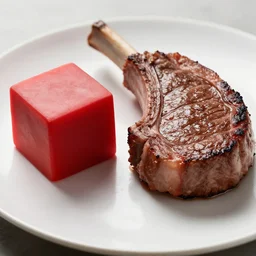 A red cube next to a ribeye steak,, 35mm stock, photorealistic