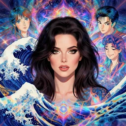 kate bush portrait, holographic, kaleidoscope, psychedelic, hokusai, cosmic energy by kelly mckernan, yoshitaka amano, ryohei hase, hiroshi yoshida, moebius, artgerm, bright rainbow iridescent colors, inspired by dnd, iridescent rainbow aesthetic, fine detail, 4 k, anime, manga, digital art, artstation, w