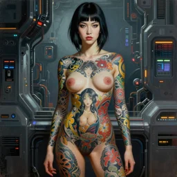 super model cyberpunk girl with Japanese yakuza full body tattoo in future world, painted by Norman Rockwell and Bosch