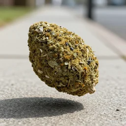 a large nugget of weed floating in the air above the sidewalk, menacingly