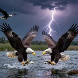 4 k ultra detailed photo of eagles catching fish in a river dramatic lightning