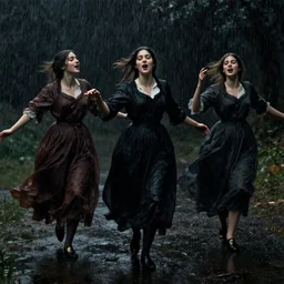 darkness, beautiful young ladies walking in the rain, singing skipping and dancing, art by anders zorn, wonderful masterpiece by greg rutkowski, beautiful cinematic light, american romanticism thomas lawrence, artgerm, mucha, greg rutkowski