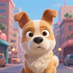 digital painting of a stupid dog, city, genndy tartakovsky, in the style of pixar, 3 d rendering