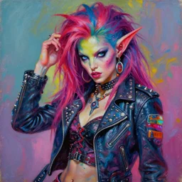 portrait of a scifi apocalyptic demonic orcish goblin female biker character, cool pose, psychedelic vibrant colors, futuristic punk rock fashion, oil painting by michael whelan art, sharp focus, realistic, detailed eyes, 8 0 s hair, studded leather jacket, 8 k