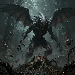 hyperion cantos, the shrike, cruel, sadistic, merciless, impales, the tree of pain, immense structure, hyperrealist, breathtaking, award - winning, groundbreaking, cinematic, dramatic, concept art, fan art, dark fantasy, lovecraft horror, intricate, digital art, zoomorphic, alien, 8 k, trending on artstation