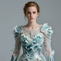 a regal emma watson wearing an intricate and detailed armor made of ocean waves. layers. textures. delicate. elaborate. translucent. soft. ethereal. fragile. vulnerable. studio portrait. photorealistic. octane render