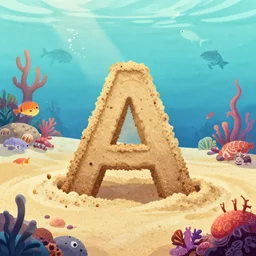 the letter a half - buried in the sand by a coral reef surrounded by sea creatures, illustration
