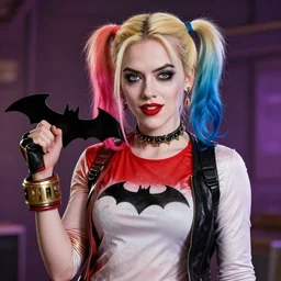 Scarlett Johansson as Harley Quinn, holding bat, digital, artstation, cgsociety, 4k, high detail