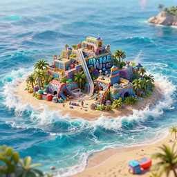 a cinematic shot of a plastic beach island waves caustics volumetric dynamic fluid simulation lighting impressive colorful masterpiece graffiti hyper perspective textured detailed intricate sharp focus 8 k octane render nvidia raytracing demo realistic illustration canon eos r 3 fujifilm x - t 3 0 sony alpha