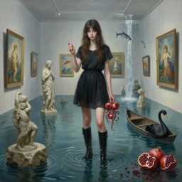 painting of a tall emo girl in a flooded art gallery, holding surgical equipment, pomegranates, octopus, long black boots, flooded, stone sculptures, art on the walls, fish, zen, waterfall, black swans, canoe, berries, surrealist, by magritte and monet