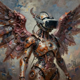 cyber angel, cybertronic gadgets and vr helmet, durty colours, rotten textures, rusty shapes, flesh + technology, biotechnology, norman rockwell, tim hildebrandt, dariusz zawadzki, bruce pennington, larry elmore, intricate, hyperrealistic oil painting on canvas, deep depth field, cinematic composition, hyper - detailed