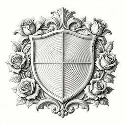beautiful decorative classical ornamental shield emblem, fibonacci rhythms, roses, lilies, acanthus scrolls, highly detailed etching, gemini, bilaterally symmetrical, rendered in octane