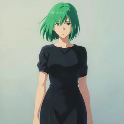 painting of tatsumaki from one punch man, green hair, black dress, cool color palette, refreshing, soft lighting, by cushart krenz, by makoto shinkai