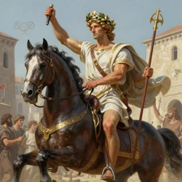 a olimpic greek hero, laurels of glory in his head, entering triunphantly a city mounted in a horse. full of pride. victorirous. prideful.. intricate, elegant, highly detailed, digital painting, artstation, concept art, sharp focus, illustration, by justin gerard and artgerm, 8 k