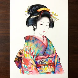 ink on paper, a portrait of a geisha wearing a colorful kimono with graffiti tags, by goyo hashiguchi!!, colorful, xray melting colors!!