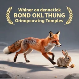 A photorealistic fox robbing a bunny and running away with the loot