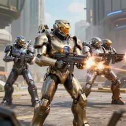 futuristic power armor soldiers firing away from the camera, eye catching composition, realistic, unreal engine 5, global illumination, detailed environment, bright colours, cinematic, atmosphere, 4 k