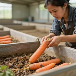 a closeup photorealistic photograph of a female farmer feeding carrots to farm pens of crickets and worms bright scene. fine detail. this 4 k hd image is trending on artstation, featured on behance, well - rendered, extra crisp, features intricate detail, epic composition and the style of unreal engine.