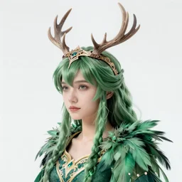 a detailed portrait of a green haired queen of feathers with an antler crown by wayne barlowe and mucha