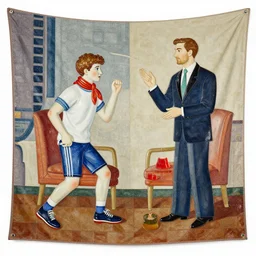 A Figuration Libre style Tapestry made with Jello on Porcelain of A Gullible financial Stepson interrupting A Interpreter & Translator in the style of Henri-Joseph Harpignies