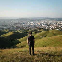 A man standing in hills and fields with a city in the distance, extremely detailed photograph, 4k, 8k, ultra high res