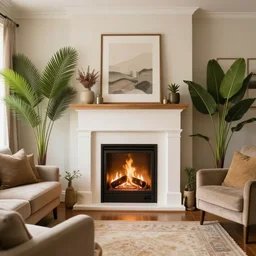 cosy living room with fireplace and tropical plants