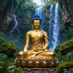 a dreamy amitabha buddha meditating in a lush jurassic landscape, mossy rocks, lightening, a bright blue waterfall, 4 k, hyper realistic, in he style of national geographic, coherent design, symmetrical, vivid colour, complementary colour, golden ratio, detailed, sharp lines, intricate, rainbow shift, in unreal 3 d engine, ray tracing, octane render