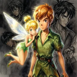 portrait, Peter Pan and Tinkerbell, watercolor, dramatic lighting, cinematic, establishing shot, extremly high detail, foto realistic, cinematic lighting, pen and ink, intricate line drawings, by Yoshitaka Amano, Ruan Jia, Kentaro Miura, Artgerm, post processed, concept art, artstation, matte painting, style by eddie mendoza, raphael lacoste, alex ross