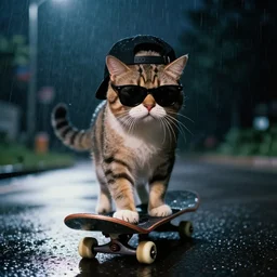 a cat riding on a skateboard, black sunglasses!, black backwards cap!!, night, rain, cinematic, photograph, volumetric lighting, f 8 aperture, cinematic eastman 5 3 8 4 film, photorealistic