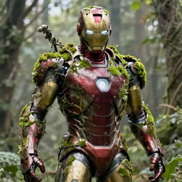 overgrown iron man suit covered in moss and vines, 4k realistic photo