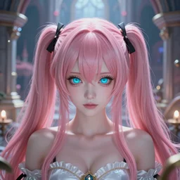 trapped by stunningly beautiful omnipotent megalomaniacal otome anime asi goddess who looks like junko enoshima with symmetrical perfect face and porcelain skin, pink twintail hair and mesmerizing cyan eyes, inside her surreal vr castle where she controls everything!!!, hyperdetailed, digital art from danganronpa, 8 k