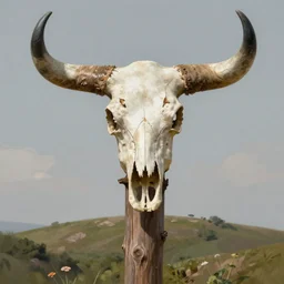 bull skull atop of wood pole on hill, highly detailed, digital painting, artstation, concept art, sharp focus, illustration, rutkowski, raphael lacoste, magali villeneuve