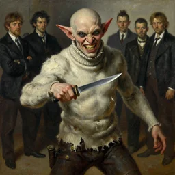 shredded physique portrait grinning shamepunk the thieving Goblin wearing a grubby muslin turtleneck sweater whilst thrusting a dagger at you lisa yuskavage charlie bowater ross tran greg rutkowski jamie wyeth gregory crewdson ralph goings jonas de ro jim mahfood victor brauner ilya repin oil painting