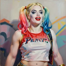 greg manchess portrait painting of margot robbie as beautiful thick very muscular roided harley quinn, wide roided face, medium shot, asymmetrical, profile picture, organic painting, sunny day, matte painting, bold shapes, hard edges, street art, trending on artstation, by huang guangjian and gil elvgren and sachin teng