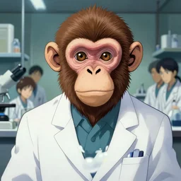 a full body portrait of a monkey scientist, finely detailed features, closeup at the faces, perfect art, in the lab, wise monkey, gapmoe yandere grimdark, trending on pixiv fanbox, painted by greg rutkowski makoto shinkai takashi takeuchi studio ghibli, akihiko yoshida,