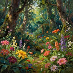rainforest, brightly colored flowers, extremely detailed oil painting, unreal 5 render, rhads, sargent and leyendecker, savrasov levitan polenov, bruce pennington, studio ghibli, tim hildebrandt, digital art, landscape painting, octane render, beautiful composition, trending on artstation, award winning photograph, masterpiece