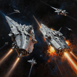 A highly detailed Sci-Fi concept art matte oil painting set in space  by Jason Felix by Steve Argyle by Tyler Jacobson by Peter Mohrbacher of an epic Space battle , Two massive capital ships firing at it each other ,while small fighter ships fly in formation ready to attack , deep space , dark  and stars in the background , lasers and explosions, perspective , action shot . octane render, redshift render  , trending on Artstation ,HD 4K