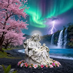 the pieta statue on holokalani black beach of maui in royal blue waimea canyon on kauai during sakura season on an interstellar aurora borealis with heavy thunder and lightning, divine waterfalls, holy flower, heavenly, by peter mohrbacher, james jean, james gilleard, greg rutkowski, vincent di fate, rule of thirds, octane render, beautiful landscape