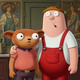 portrait of stewie griffin and rupert, red overalls, highly detailed, ray tracing, digital painting, artstation, concept art, smooth, sharp focus, illustration, art by artgerm and greg rutkowski and alphonse mucha, 8 k